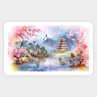 Japanese Watercolour Landscape Castle Surrounded by Cherry Blossom trees Sticker